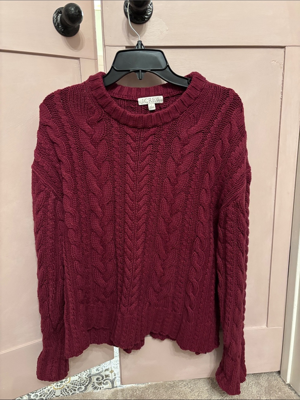 J. Crew Cable-Knit Crewneck Sweater in Deep Wine